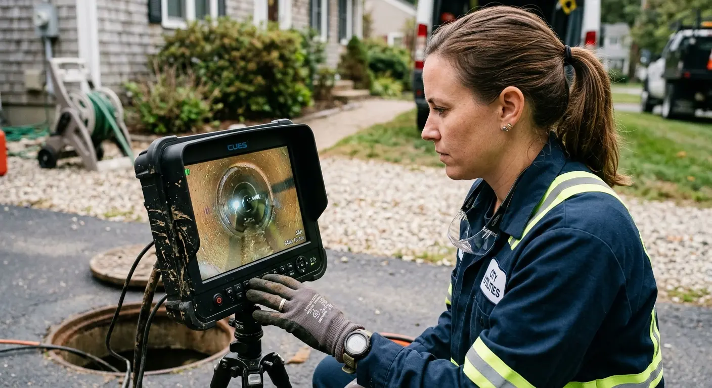 Technician reviewing sewer camera inspection footage in Norristown