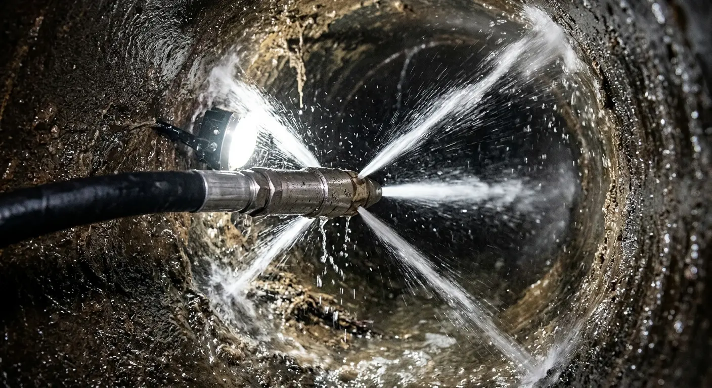 High-pressure hydro jetting nozzle cleaning sewer pipe for Emergency Drain Service in Norristown