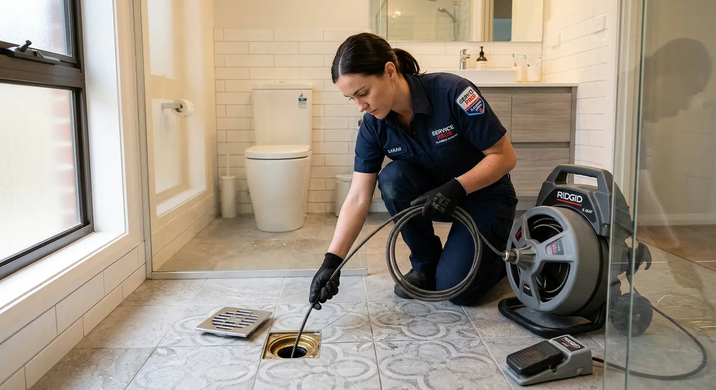 Technician clearing a bathroom floor drain for Drain Cleaning in Norristown
